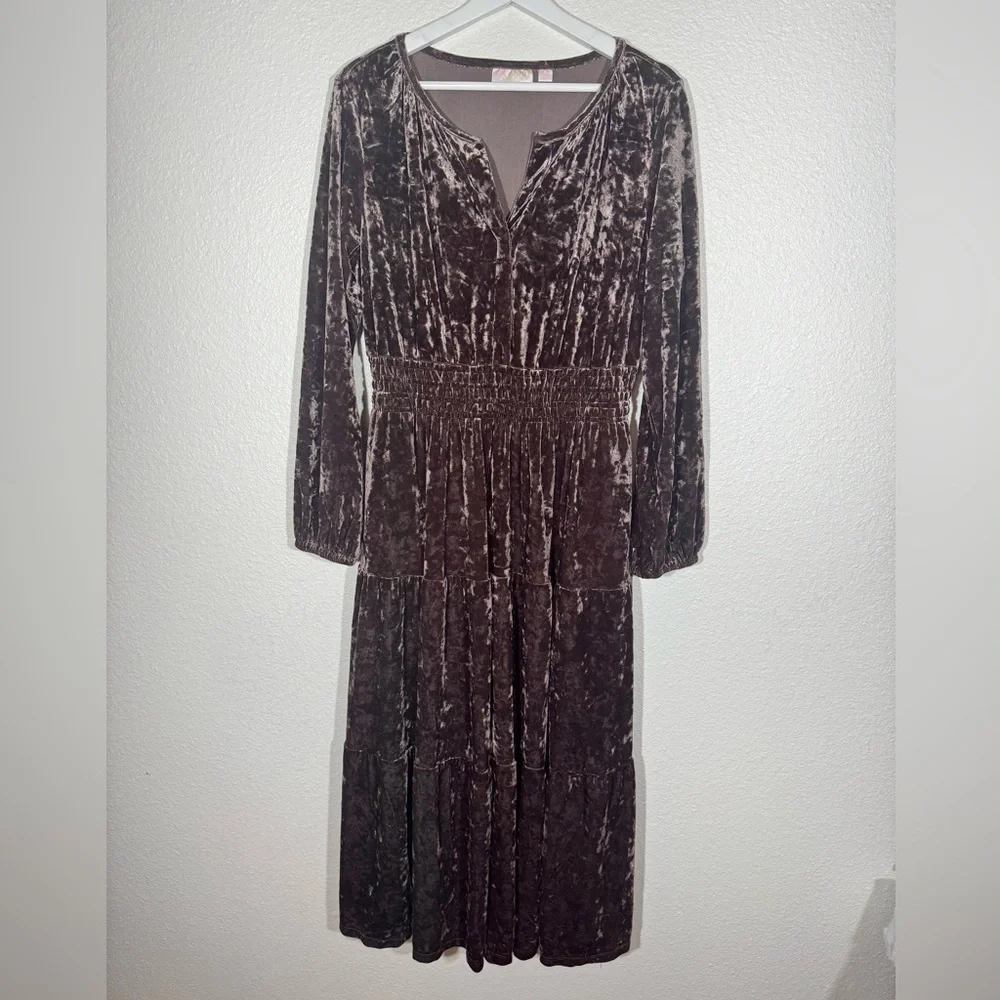 Belle Boho by Kim Gravel Crushed Velvet Tiered Maxi Dress in Espresso - Picture 2 of 9